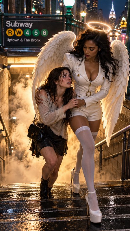 Guardian angel with feathered wings and halo assists a distressed woman up foggy NYC subway stairs at night