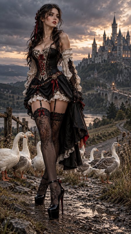 Woman in ornate gothic corset attire stands on a muddy path with geese, fairytale castle glowing at sunset behind her.