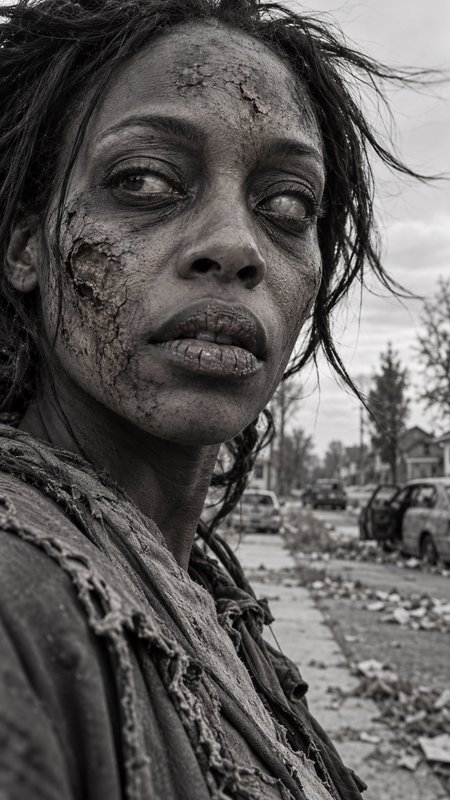 Close-up portrait of a decayed female zombie standing on a desolate post-apocalyptic residential street