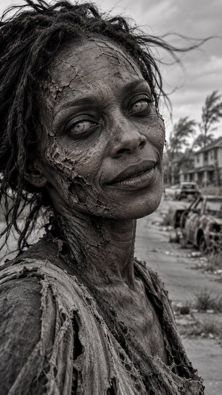 Close-up portrait of an undead zombie woman standing on an abandoned storm-damaged suburban street