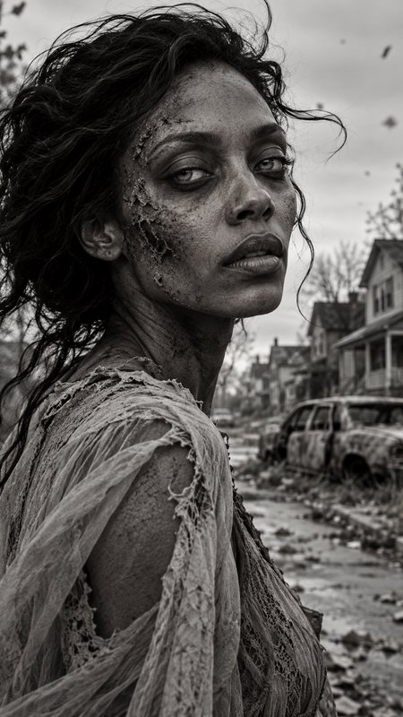 Decayed zombie woman stands on a debris-strewn post-apocalyptic suburban residential street