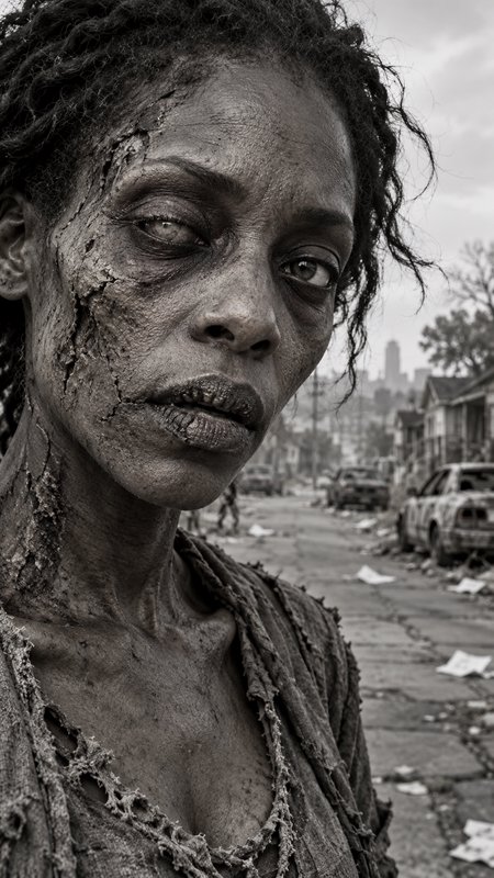 Close up portrait of a decaying female zombie standing on a littered post-apocalyptic residential street