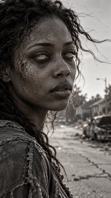 Close-up portrait of a female undead zombie standing on an abandoned post-apocalyptic residential street