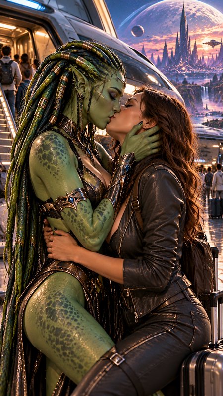Green skinned alien woman shares a tender kiss with a human traveler at a busy futuristic spaceport