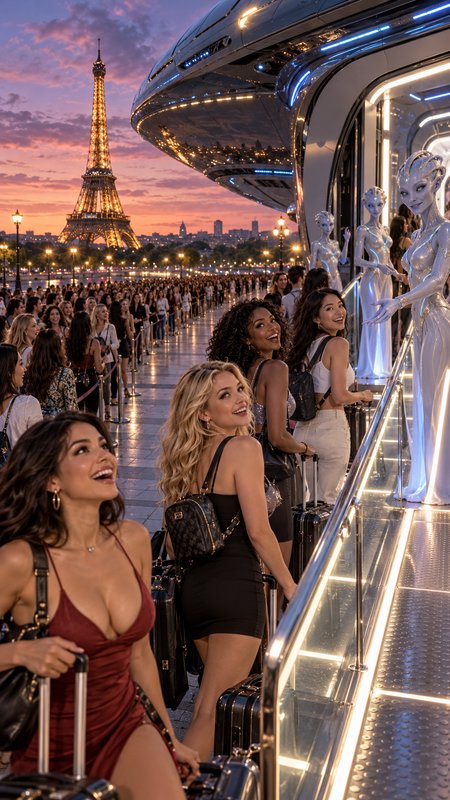 Glamorous female travelers queue to board a futuristic alien shuttle beside the lit Eiffel Tower at sunset