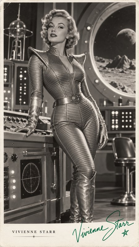 Retro futurism pinup woman in a metallic spacesuit standing inside a 1950s style spaceship control room