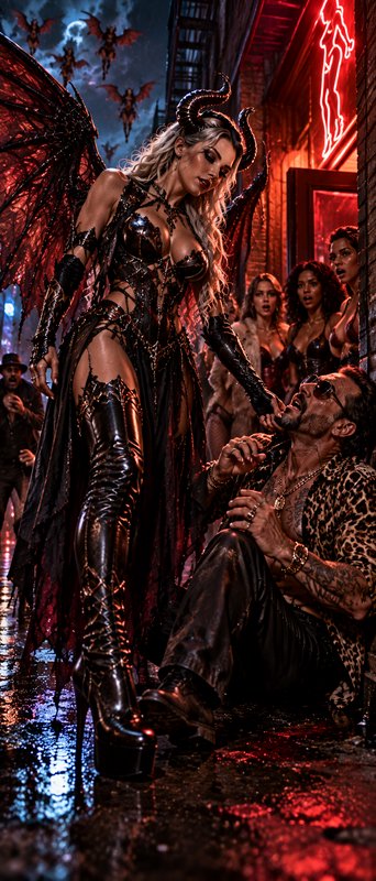 Horned winged succubus looms over a startled man on a wet neon lit city alley at night