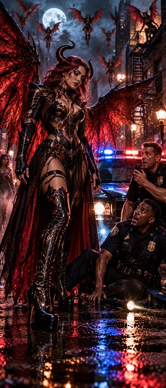 Towering horned demoness with red bat wings stands over shocked police officers on a rain-soaked ...