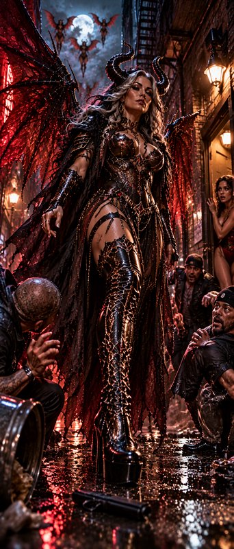 Horned demon queen with crimson wings looms over cowering people in a rainy moonlit city alley