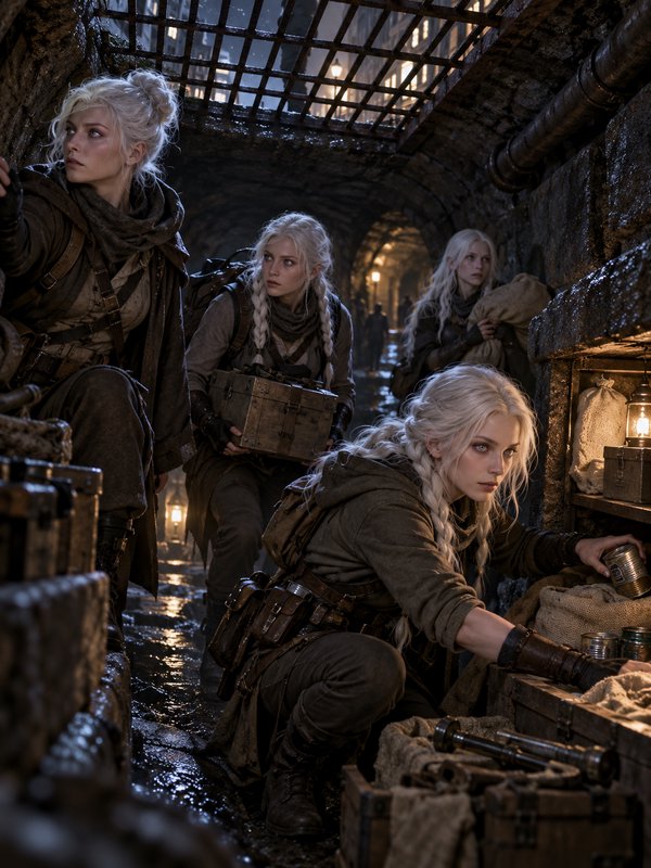 Four platinum blonde rogue explorers sort supplies in a damp city sewer tunnel under a street gra...