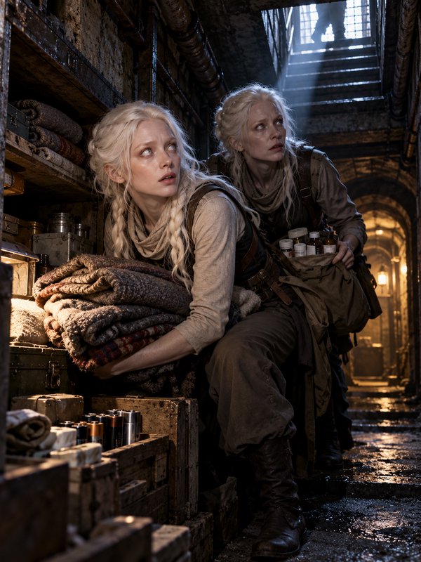 Two pale blonde women hide tensely in a wet underground tunnel carrying survival supplies