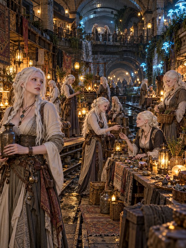 Elven traders browse stalls in a warm glowing underground fantasy market with arched tunnels and ...