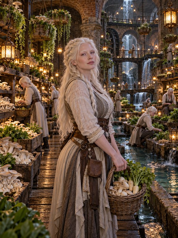 Platinum braided elven gardener holds a harvest basket in a sprawling underground stone hydroponi...