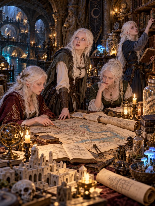 Four platinum blonde elven scholars study maps in a candlelit underground fantasy archive library
