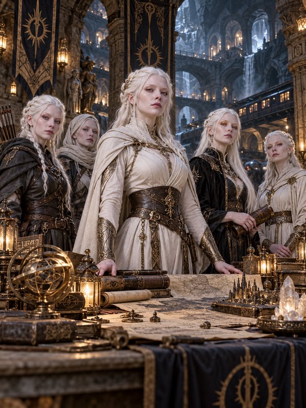 Group of pale blonde fantasy royal advisors standing over a war table in a grand stone fortress hall