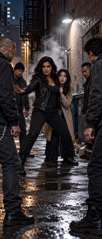 Fierce woman in a leather jacket defends a frightened companion from threatening men in a wet nig...