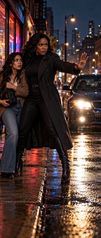 Protective woman holds up a stop gesture to shield a frightened companion from an oncoming car on...