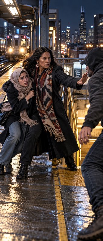 Woman shields a distressed young commuter from a threatening man on a wet Chicago el train platfo...