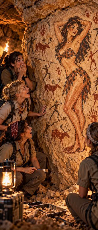 Female archaeologists react with shocked surprise to an unusually detailed ancient cave painting ...
