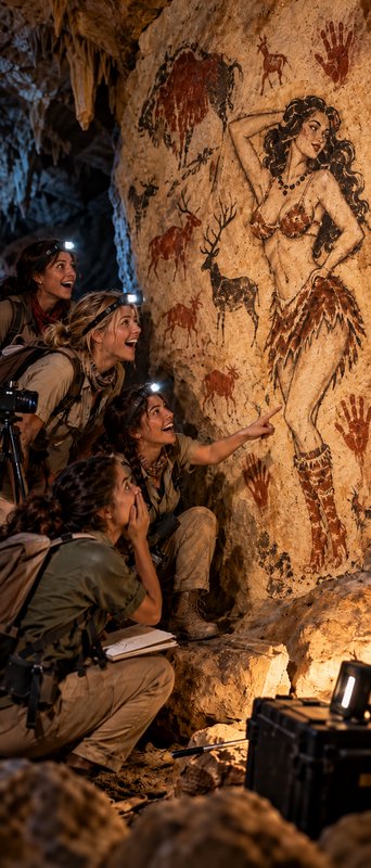 Team of surprised female archaeologists discover unusually detailed cave art inside a rocky under...