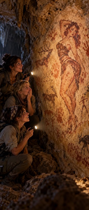 Three awestruck female explorers shine flashlights on unusual ancient cave paintings inside a roc...