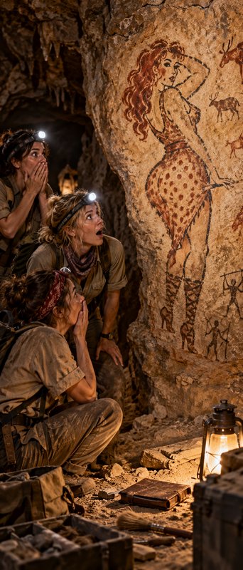 Three surprised women explorers react to a whimsical anachronistic cave painting on an undergroun...