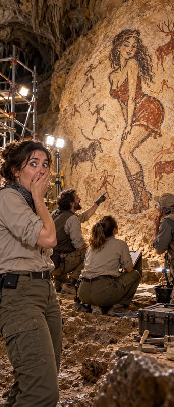 Shocked archaeologist reacts as her excavation team finds an unexpected modern-style figure in an...