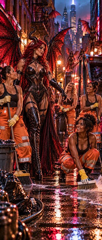 Horned winged demon queen stands among smiling street cleaners on a wet neon city alley at dusk