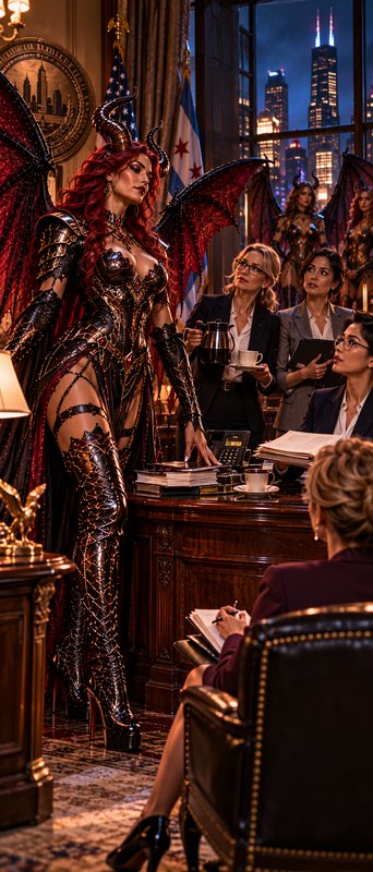 Horned winged demon woman stands leading a meeting with administrative staff in a city government...