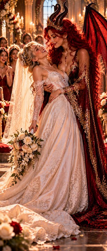 Blonde bride shares a tender joyful moment with her horned winged demonic bride at a sunlit cathe...