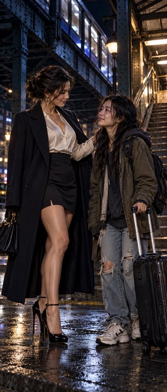 Elegant woman gently comforting a tearful traveler on a wet night elevated subway platform