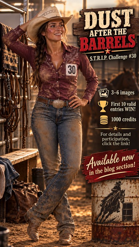 Smiling dust-streaked barrel racer cowgirl poses in a sunlit rodeo stable next to contest promoti...
