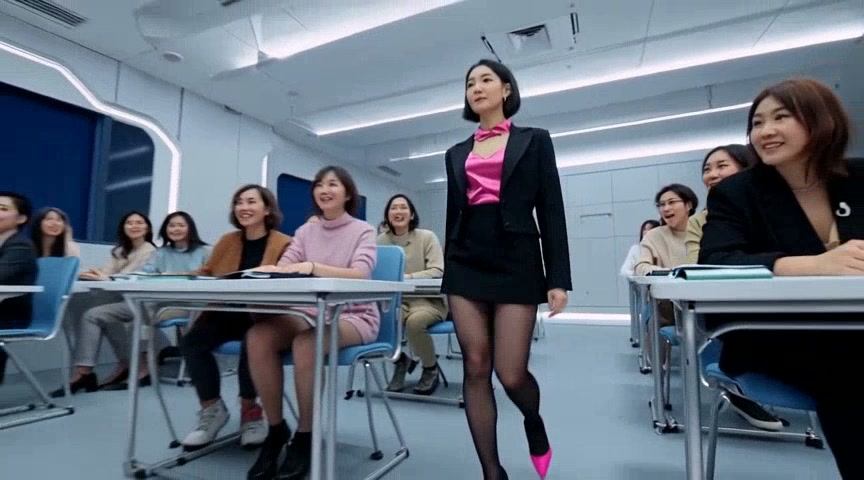 Stylish woman in pink blouse and black blazer walks down a classroom aisle as students watch.