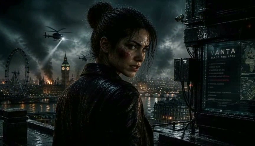 Dark, rainy cityscape with a scarred woman in a leather jacket overlooking London landmarks.