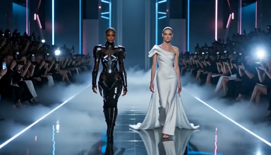 Two models walk a glossy runway in futuristic outfits: black latex armor and a white one-shoulder...