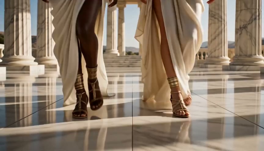 Close-up of two women in flowing gowns wearing ankle-wrap sandals, walking on a polished marble f...