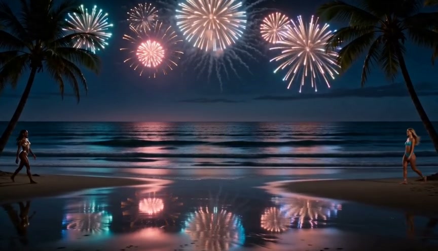 Nighttime tropical beach scene with fireworks over the ocean and two women walking along the shore.