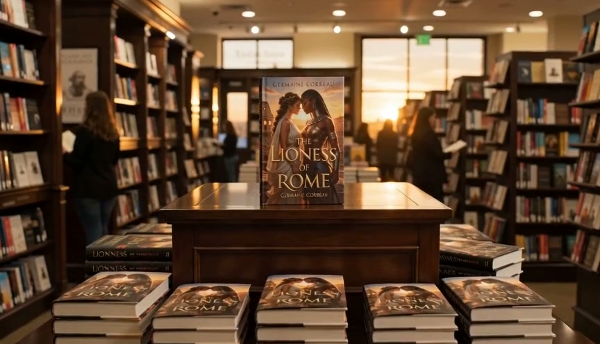 Book display in a bookstore featuring "The Lioness of Rome" on a pedestal with stacked copies aro...