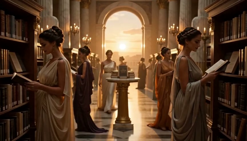 Elegant women in flowing gowns reading books in a grand marble library at sunset.