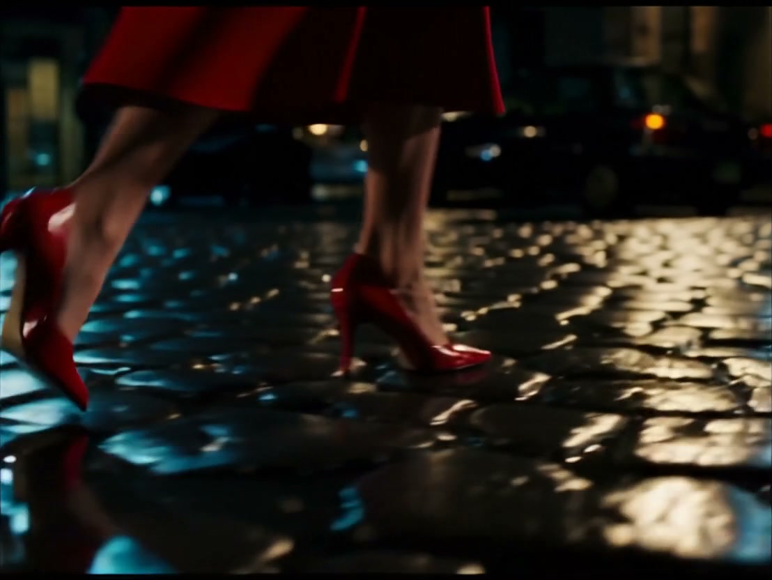 Woman in red high heels walking on wet cobblestone street at night.