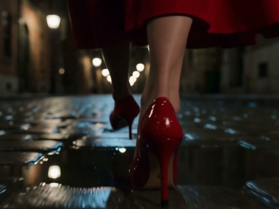 Woman walking in red high-heeled shoes on a wet, reflective city street at night.