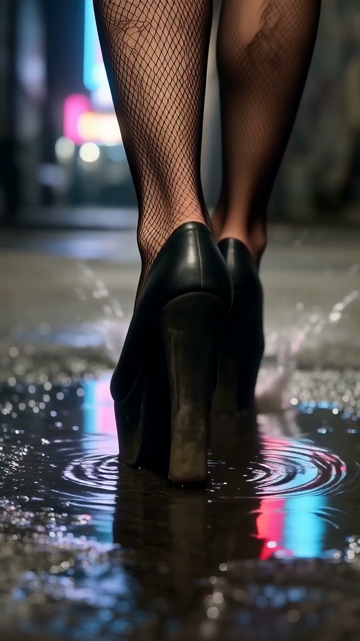 Close-up of black high heels stepping through a wet urban street with fishnet stockings.