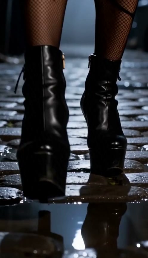 Close-up of black platform ankle boots on wet cobblestones with fishnet stockings.