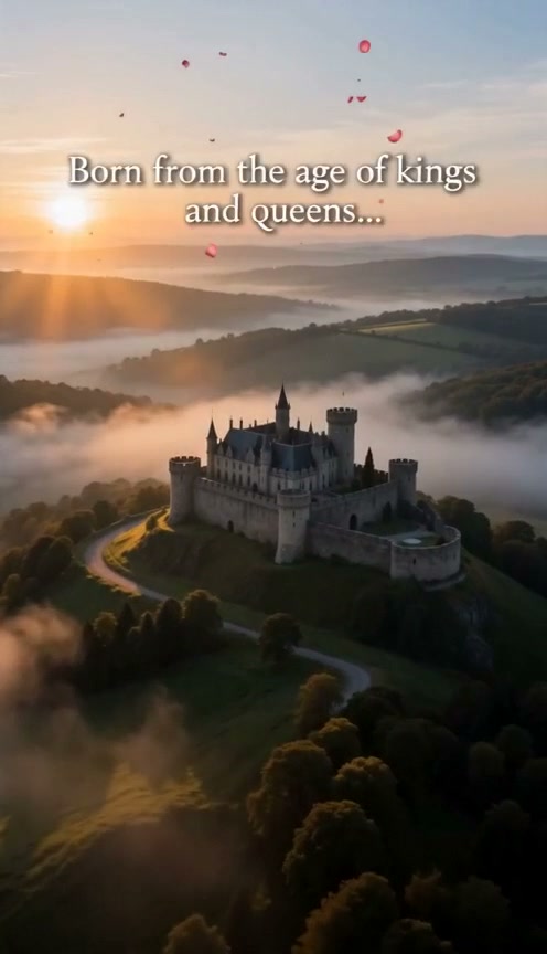Aerial view of a medieval castle on a hill at sunrise with misty valleys.