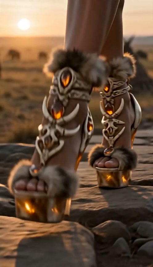 Ornate tribal fantasy platform heels with fur, glowing gems, and antler details worn on a rocky s...