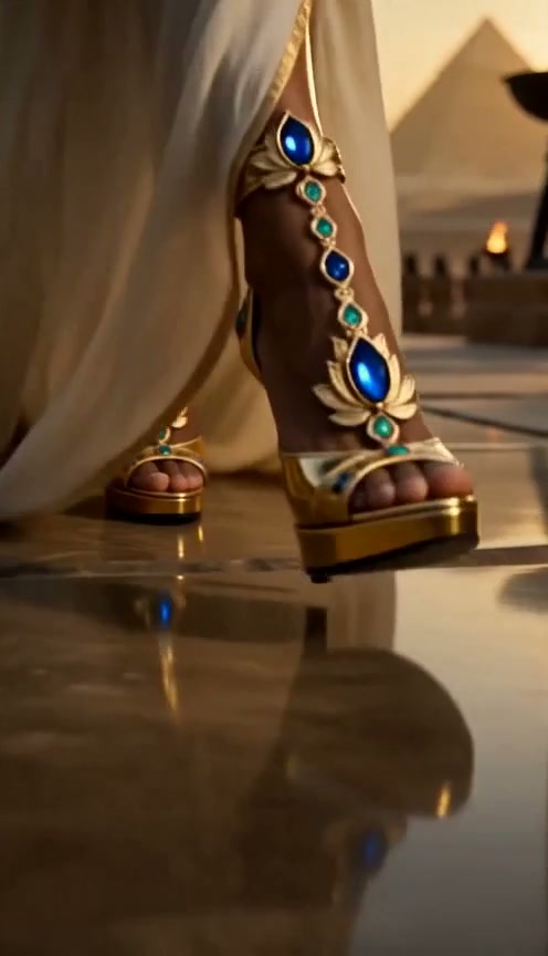 Ornate gold jeweled platform sandals on a figure’s feet, peeking from a cream gown, with Giza pyr...