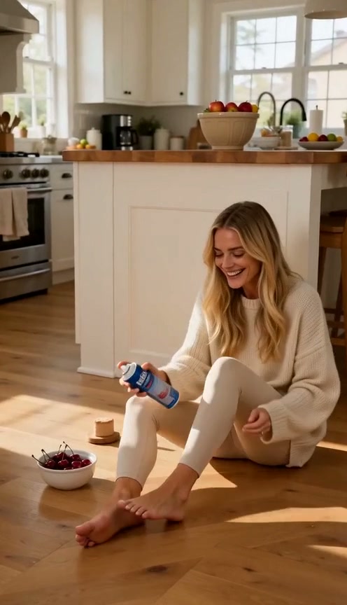 Smiling blonde woman in neutral loungewear sits on a sunny modern kitchen floor holding a Barbaso...