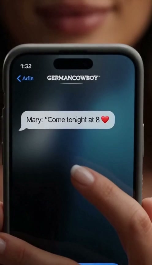 Person holding an iPhone, finger touching the screen, viewing Mary’s text: "Come tonight at 8 ❤️"...