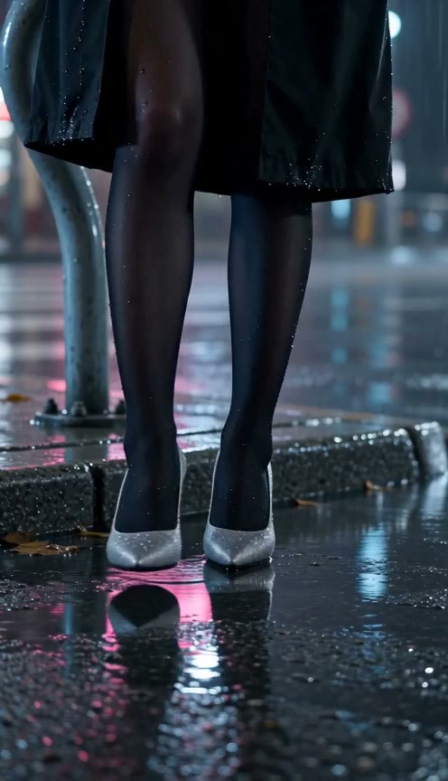 Close-up of legs in black sheer stockings and silver pointed heels standing on a wet rainy city s...