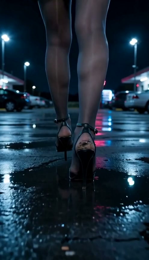 Low angle view of legs in sheer tights and stiletto heels walking on rain-wet gas station pavemen...